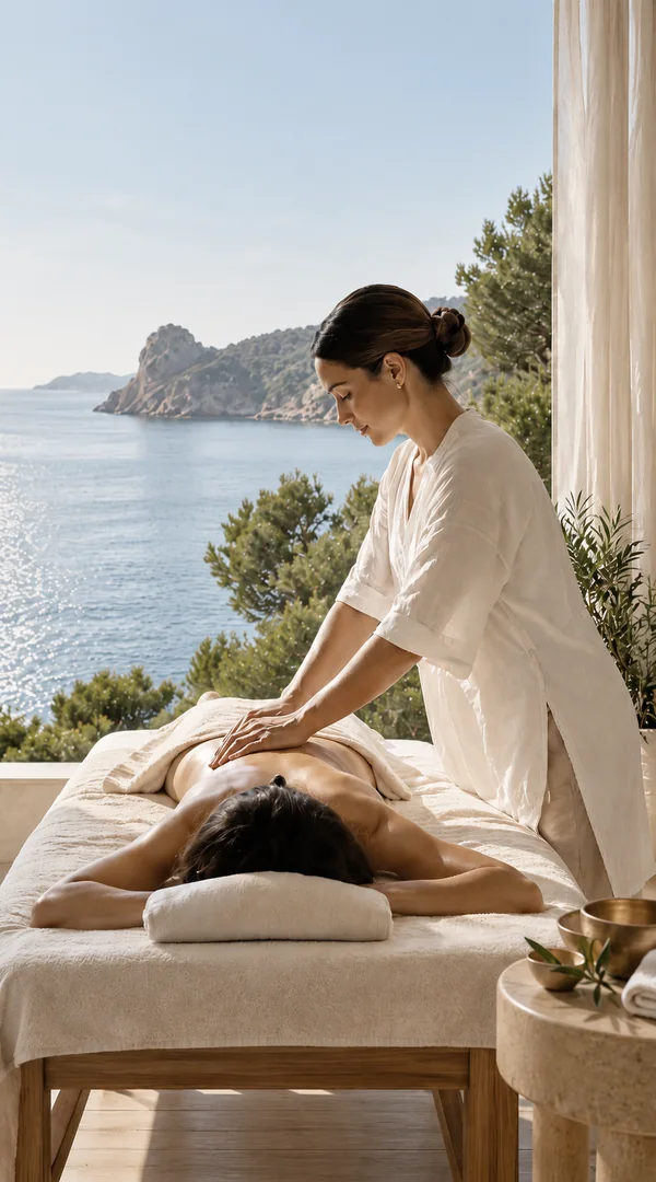 The Luxurist Ibiza massage therapist treating a client beside a Mediterranean sea view