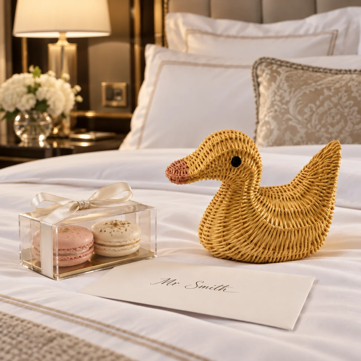 Luxury hotel guestroom turndown amenity with woven duck, personalized welcome envelope and boxed macarons